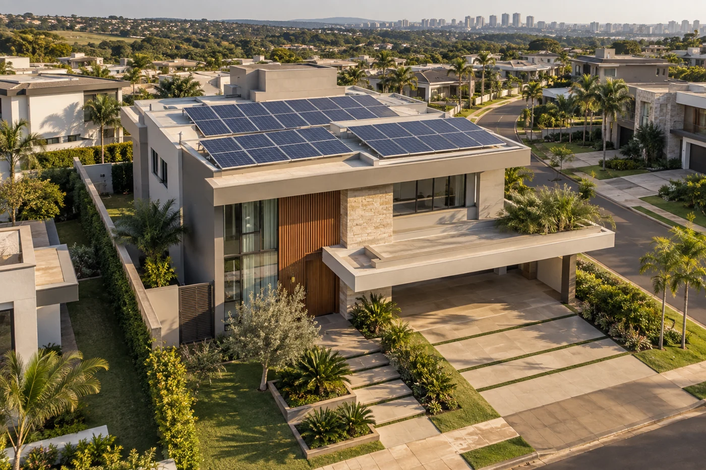 Referência ilustrativa de uma casa em condomínio fechado com painéis solares